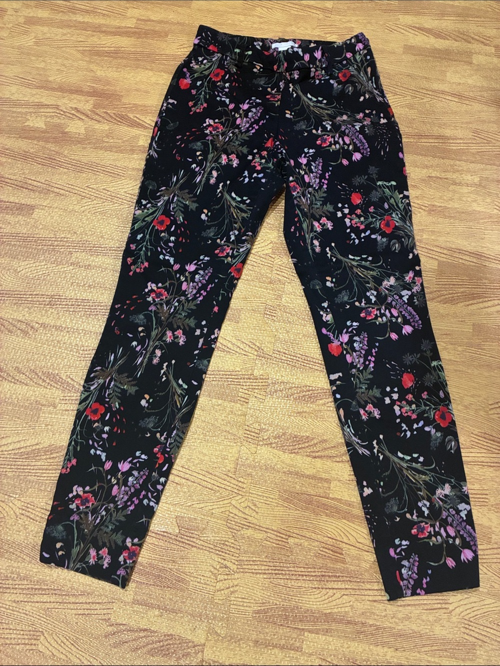 Women's Black Floral Skinny Stretch Pants- dressy